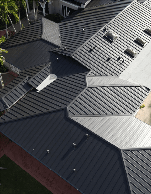 House metal gray roof upper view